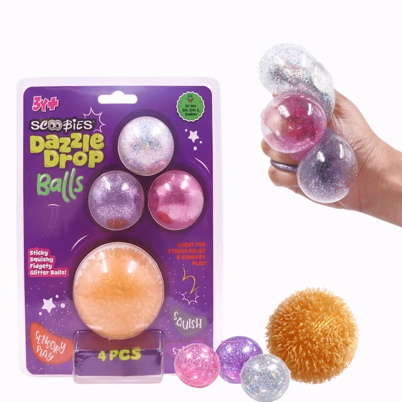 Scoobies Dazzle Drop Balls: 3 Glitter Squishy + 1 Fuzzy Spiky Sensory Ball (Set of 4)